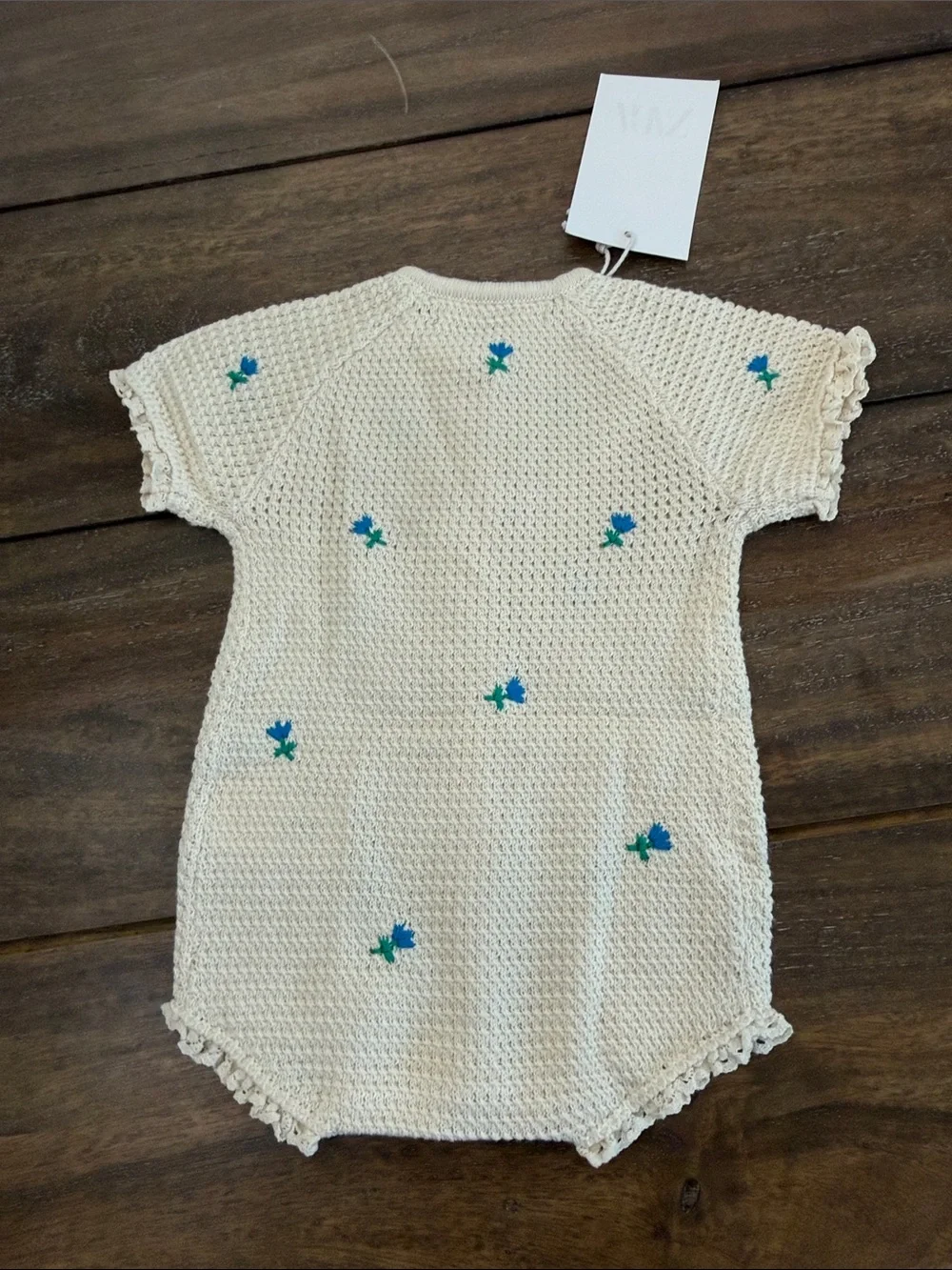 Zara Cream Crochet Knit Romper with Blue Floral Accent